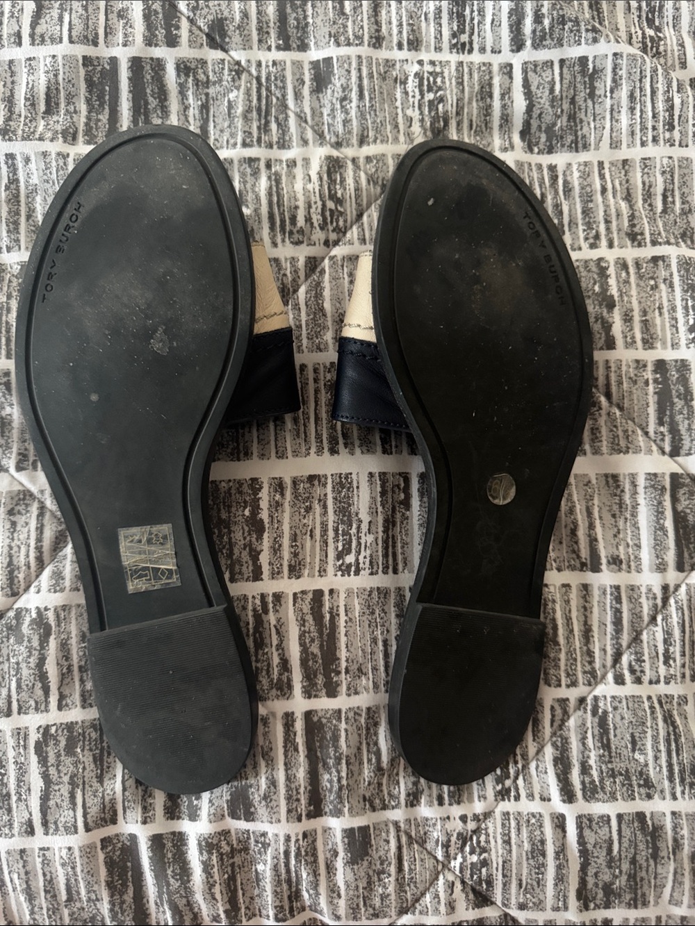 Tory Burch Two-Tone Leather Slide Sandals in Blue and Cream - Picture 2 of 3